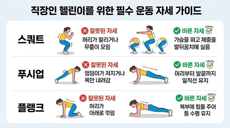 스쿼트, 푸시업, 플랭크의 잘못된 자세와 바른 자세를 그림과 한국어 텍스트로 비교한 인포그래픽. 스쿼트, 푸시업, 플랭크 각 섹션별 체크포인트 설명.
