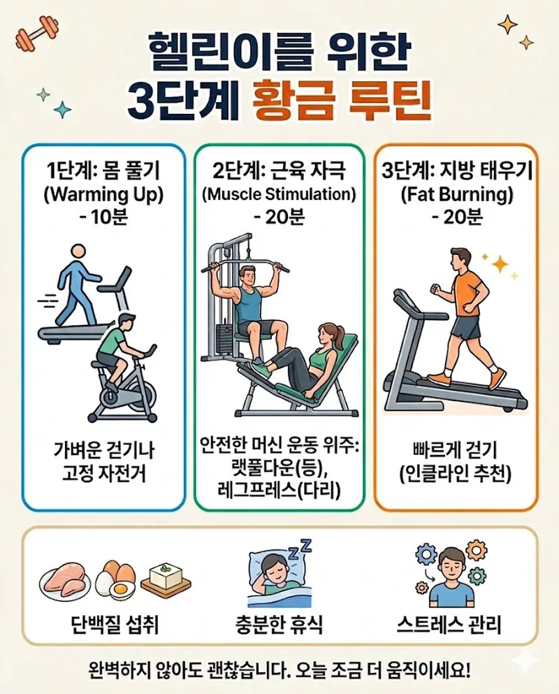 헬린이를 위한 3단계 황금 루틴 인포그래픽. 1단계 몸 풀기(10분), 2단계 근육 자극(20분), 3단계 지방 태우기(20분) 과정과 단백질 섭취 및 휴식 강조.
