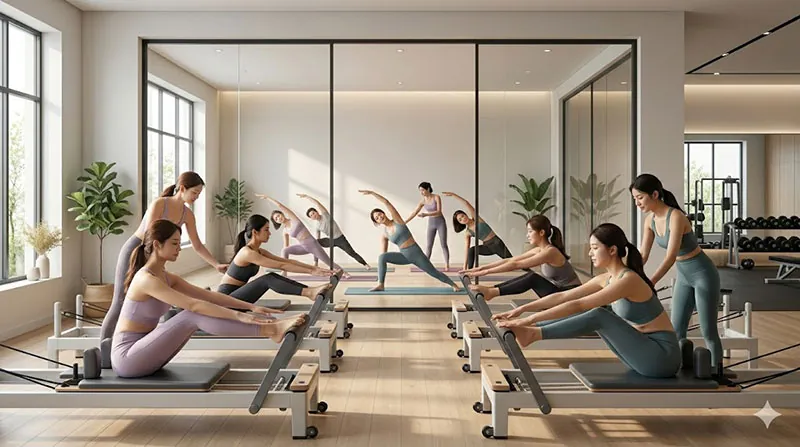 통창이 있는 밝은 스튜디오에서 여러 명의 여성이 리포머 기구 필라테스와 매트 요가 동작을 배우고 있는 모습