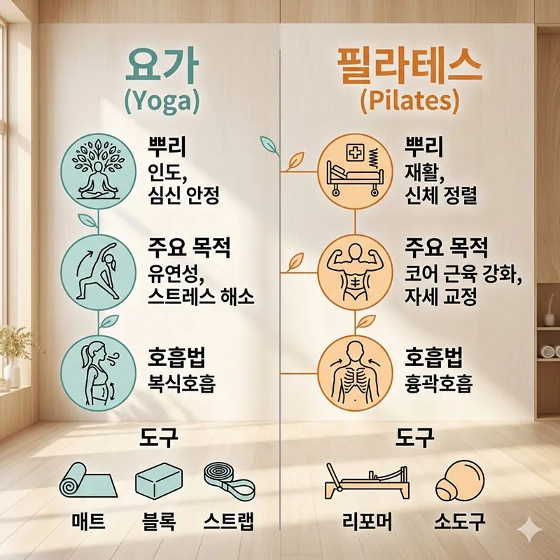 요가와 필라테스의 뿌리(인도 vs 재활), 주요 목적, 호흡법(복식 vs 흉곽), 사용 도구를 아이콘과 함께 정리한 인포그래픽