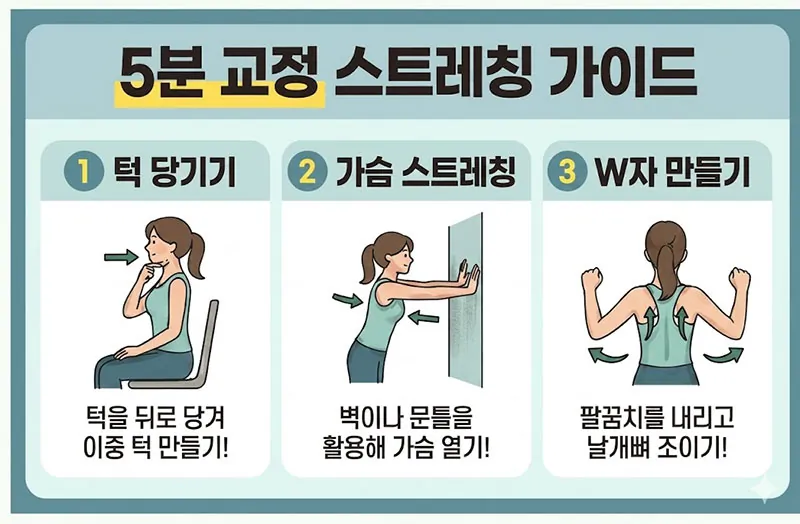 거북목 교정을 위한 3단계 운동 일러스트: 1. 턱 당기기, 2. 벽을 활용한 가슴 스트레칭, 3. W자 만들며 날개뼈 조이기 동작 설명