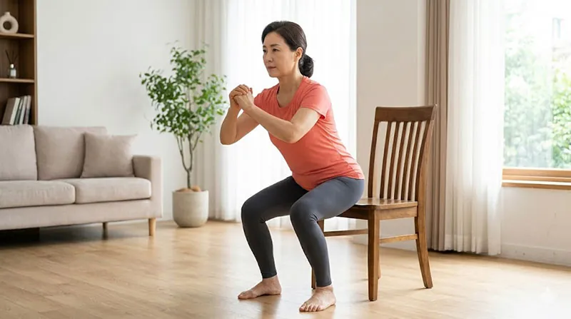 거실에서 의자를 뒤에 두고 바른 자세로 스쿼트를 하는 귀여운 중년 여성 캐릭터