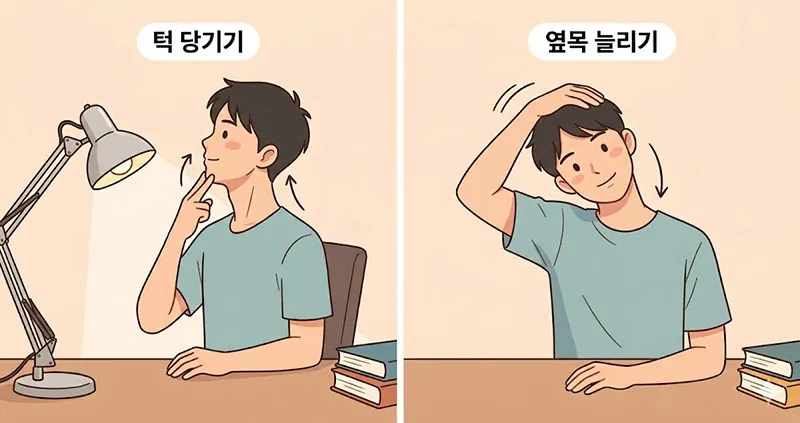 거북목 탈출을 돕는 '턱 당기기'와 '옆목 늘리기' 스트레칭 동작을 보여주는 캐릭터 일러스트