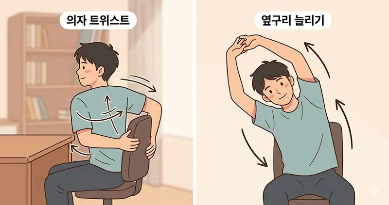 의자에 앉은 채로 몸통을 돌리는 트위스트 동작과 팔을 위로 뻗어 옆구리를 늘리는 스트레칭 일러스트