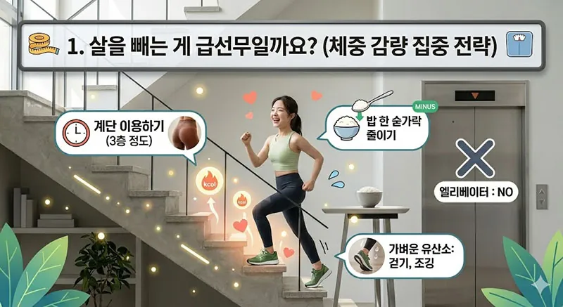 계단 이용하기, 식사량 줄이기 등 직장인을 위한 체중 감량 실천 방법 인포그래픽