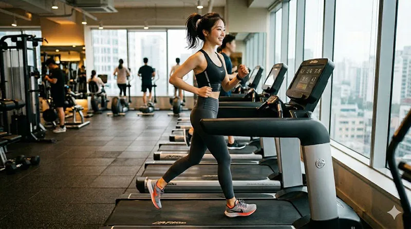 밝은 채광의 현대적인 헬스장에서 러닝머신(트레드밀) 위를 일정한 속도로 달리고 있는 여성의 옆모습