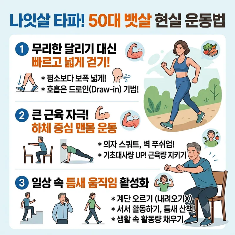 50대 뱃살 현실 운동법 3가지를 요약한 인포그래픽 일러스트. 1. 빠르게 넓게 걷기(드로인 기법), 2. 하체 중심 맨몸 운동(의자 스쿼트, 벽 푸쉬업), 3. 일상 속 틈새 움직임 활성화(계단 오르기) 내용이 포함된 이미지