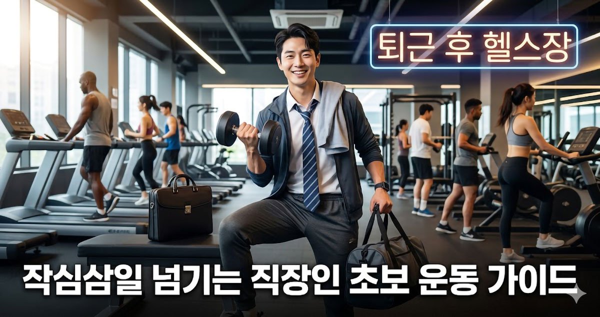 직장인 헬스 초보 가이드를 위한 이미지. 정장을 입고 퇴근 후 헬스장에서 덤벨을 든 직장인 남성의 모습, 뒤로 '퇴근 후 헬스장' 인데 네온사인과 운동하는 사람들이 보임. '작심삼일 넘기는 직장인 초보 운동 가이드' 텍스트 포함.