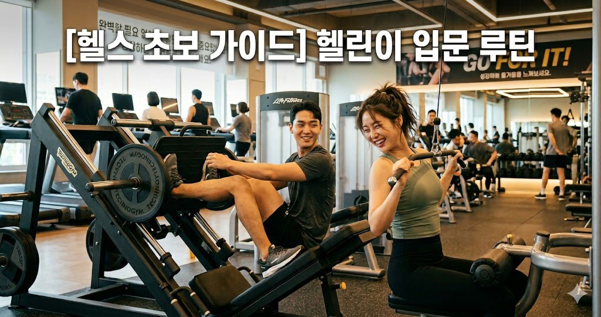 밝은 분위기의 헬스장에서 웃으며 운동하는 남녀 모습 위로 [헬스 초보 가이드] 헬린이 입문 루틴 텍스트가 적힌 썸네일 이미지.