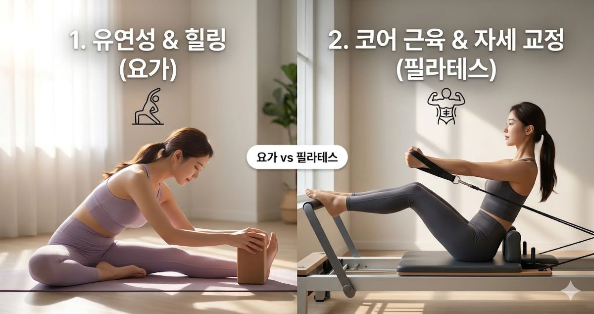 왼쪽에는 요가 동작을 하는 여성과 '유연성 및 힐링' 문구, 오른쪽에는 필라테스 리포머 운동을 하는 여성과 '코어 근육 및 자세 교정' 문구가 적힌 비교 이미지