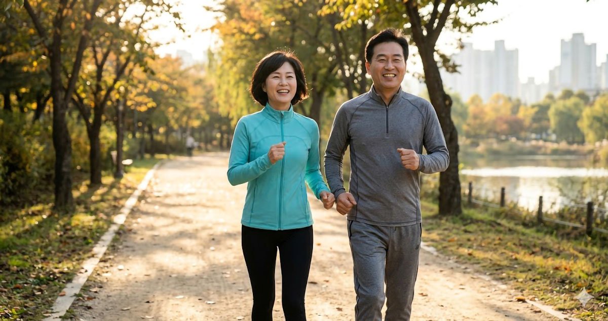 공원에서 밝게 웃으며 조깅을 즐기고 있는 4050 중년 남녀의 모습