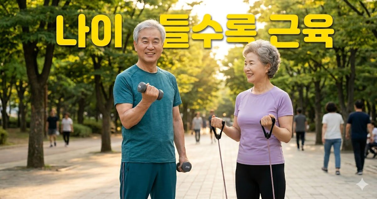 공원에서 웃으며 운동하는 노년 부부와 노란색 나이 들수록 근육 문구가 적힌 실사 이미지