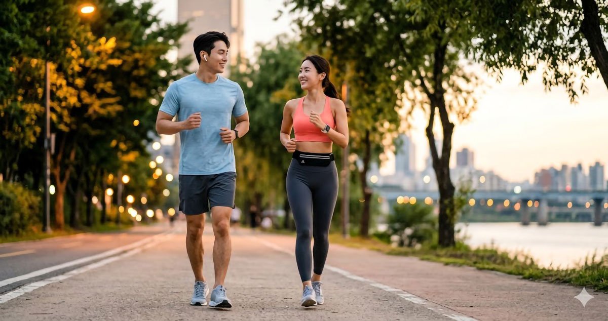 노을이 지는 도심 강변 산책로에서 밝게 웃으며 가볍게 조깅을 즐기고 있는 남녀 커플의 모습