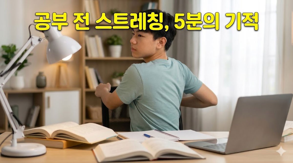 책상 앞에 앉아 있는 학생의 뒷모습과 '공부 전 스트레칭, 5분의 기적'이라는 노란색 글자가 적힌 블로그 썸네일 이미지