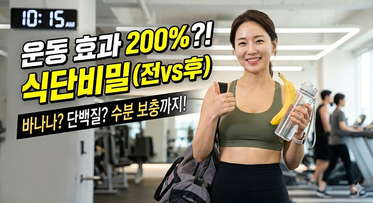 헬스장에서 바나나와 물병을 들고 미소 짓는 30대 한국 여성 이미지와 '운동 효과 200% 식단 비밀' 텍스트가 포함된 블로그 썸네일