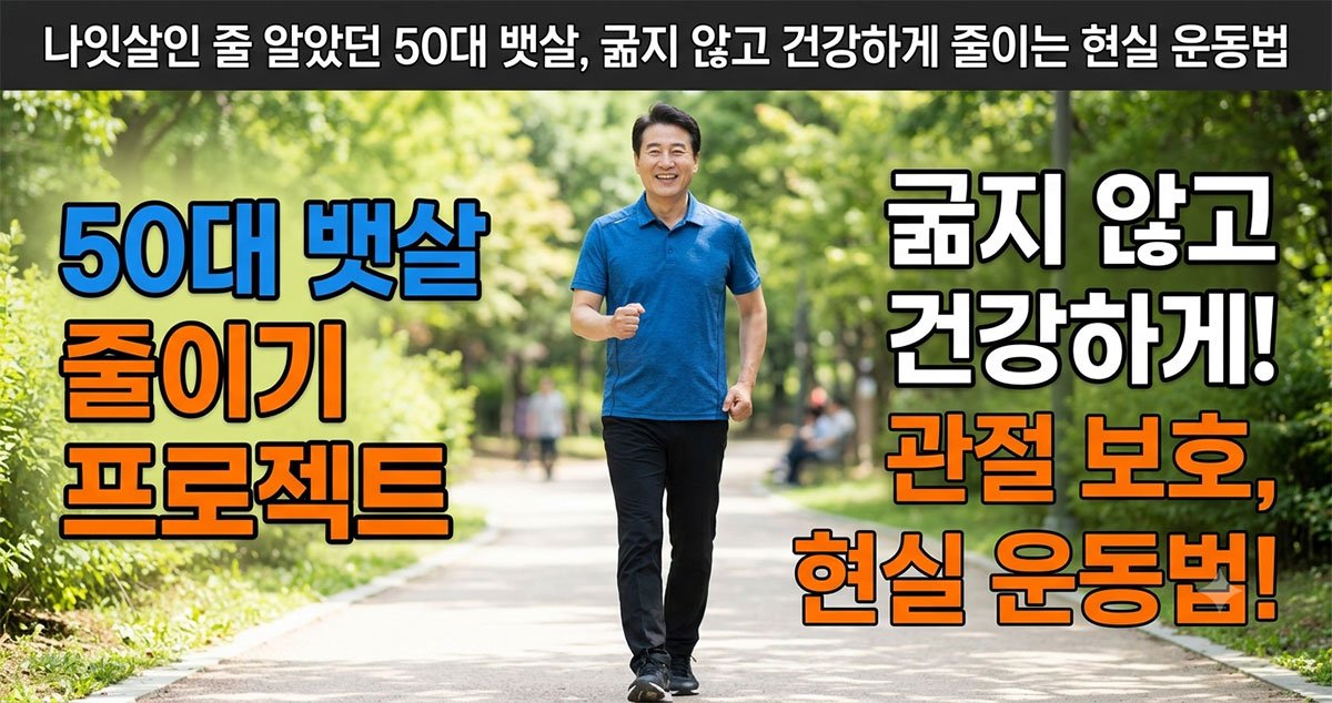 공원에서 밝게 웃으며 빠르게 걷고 있는 50대 남성의 모습과 '50대 뱃살 줄이기 프로젝트, 굶지 않고 건강하게! 관절 보호, 현실 운동법!'이라는 문구가 적힌 블로그 썸네일 이미지